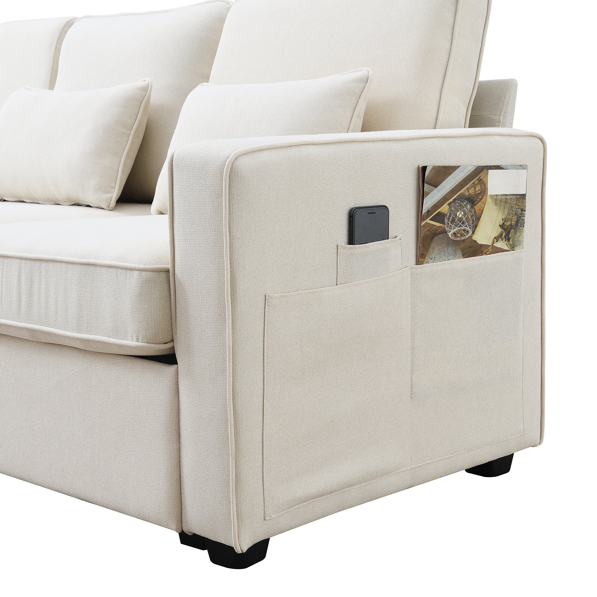 104" 4-Seater Modern Linen Fabric Sofa with Armrest Pockets and 4 Pillows,Minimalist Style Couch - Beige
