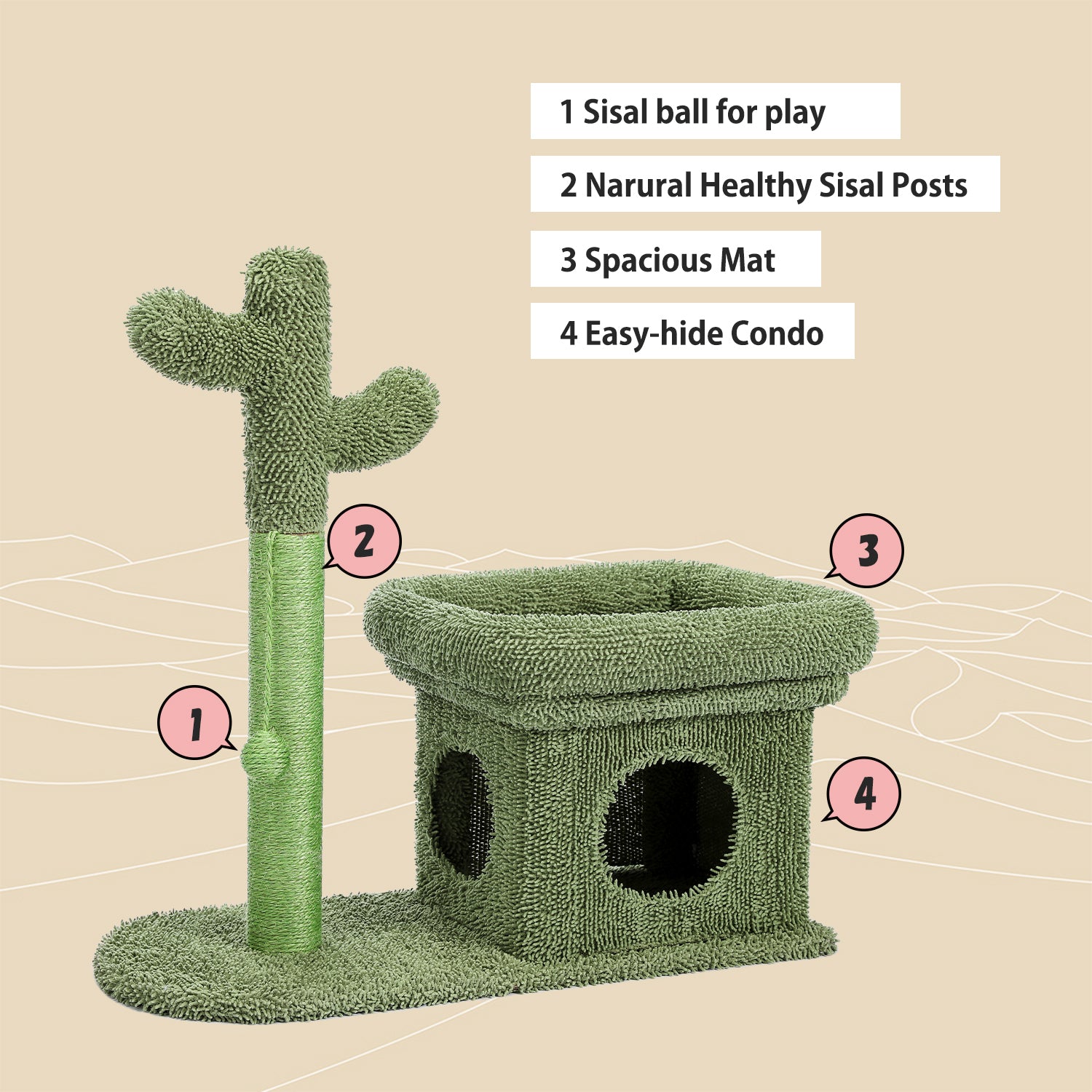 Cat Tree 27.6 inches with Cactus Scratching Posts with Ball and Cat House - Green