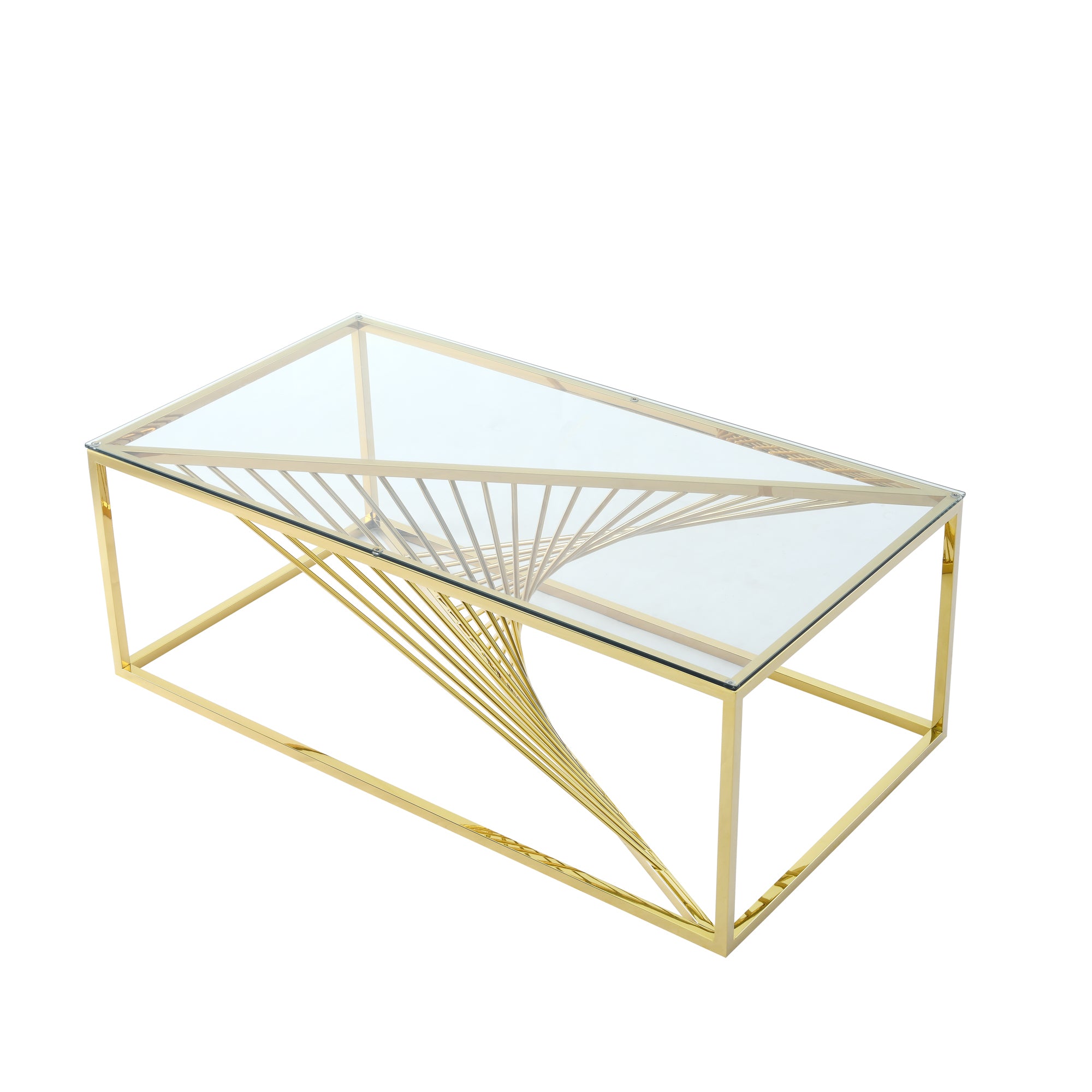 Modern Rectangular Coffee Accent Table with Clear Tempered Glass Top and Stainless Steel Frame - Gold