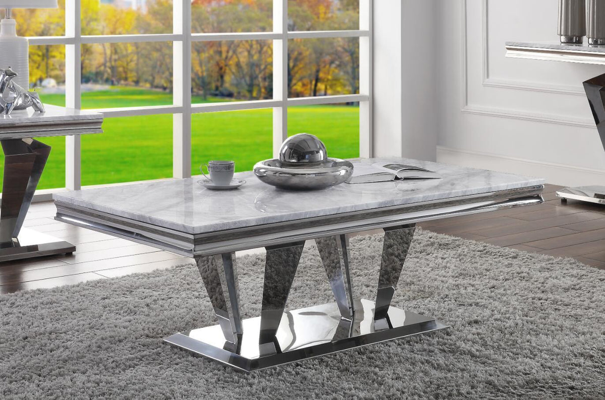 Satinka Coffee Table, Light Gray Printed Faux Marble & Mirrored Silver Finish