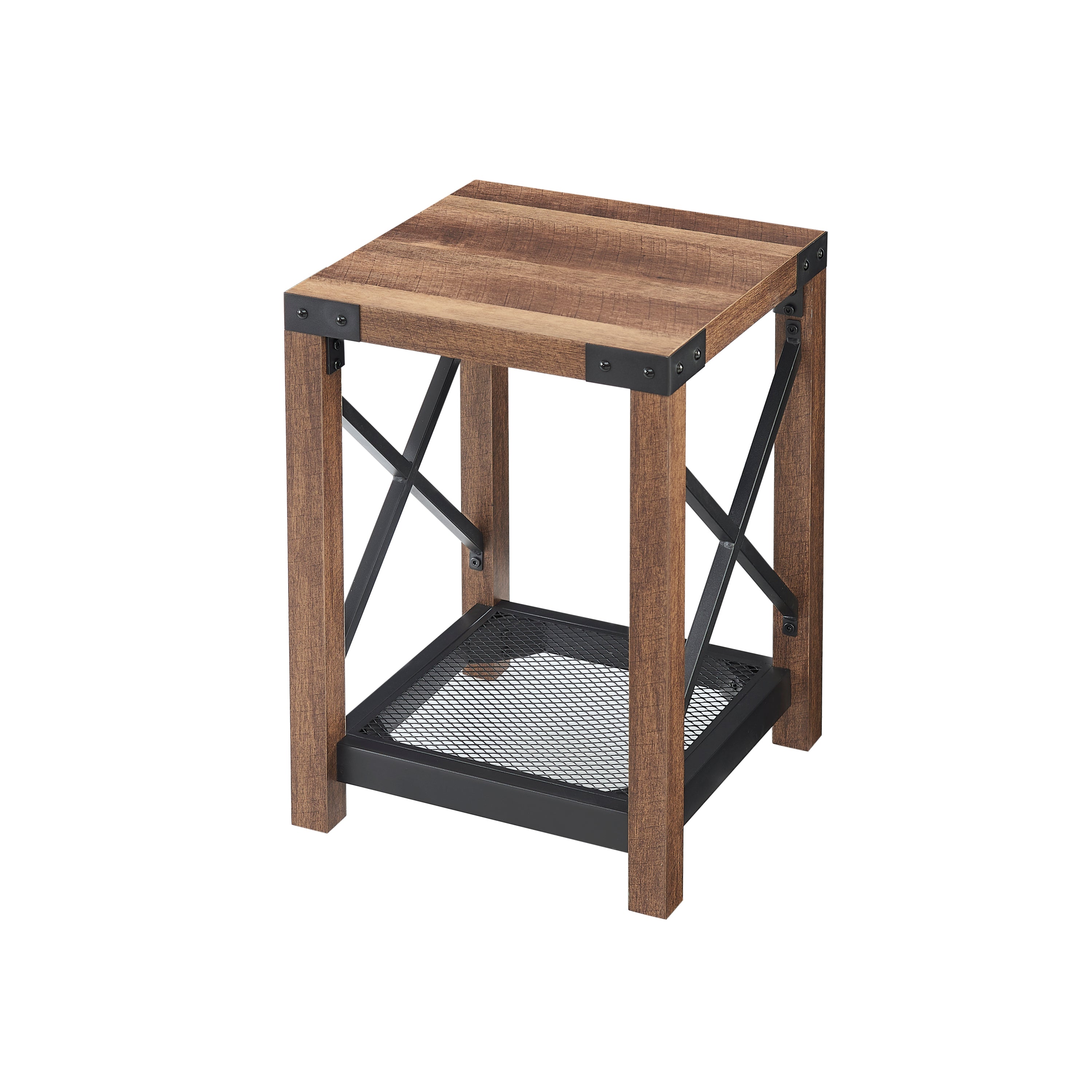 Farmhouse Wood Side Table, Nightstand with Mesh Shelf, 2-Tier End Table - Brown