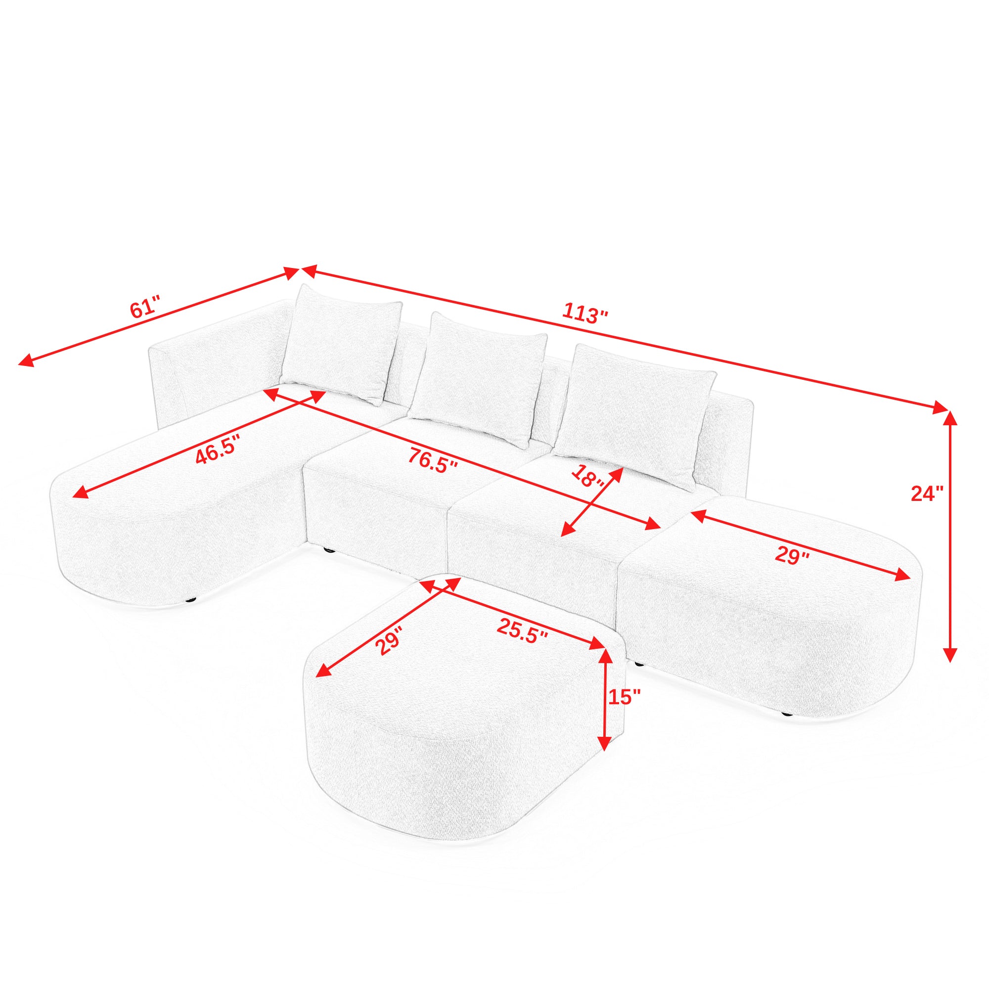 L Shape Sectional Sofa including Two Single Seats, Left Side Chaise and Two Ottomans - Black