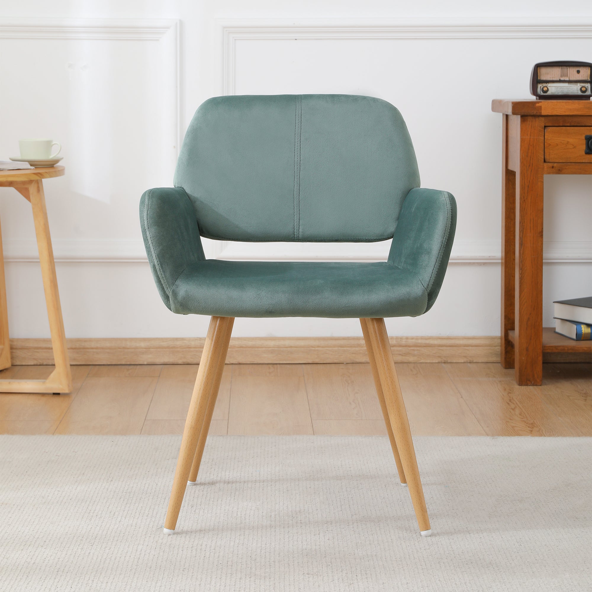 Velvet Dining Chair with Metal Leg - Green + Beech Wooden Printing Leg