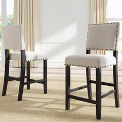 Rustic Wooden Counter Height Upholstered Dining Chairs (Set of 2) - Espresso+ Beige