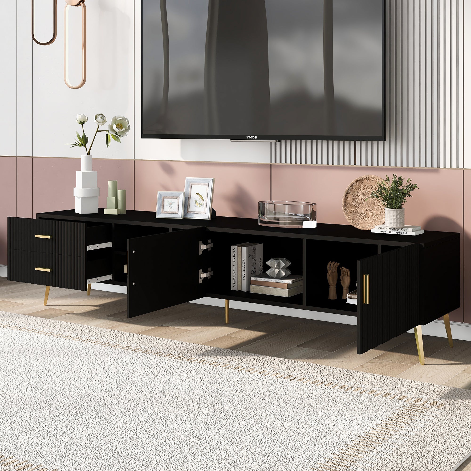 Modern TV Stand with 5 Champagne legs for TVS up to 77" - Black