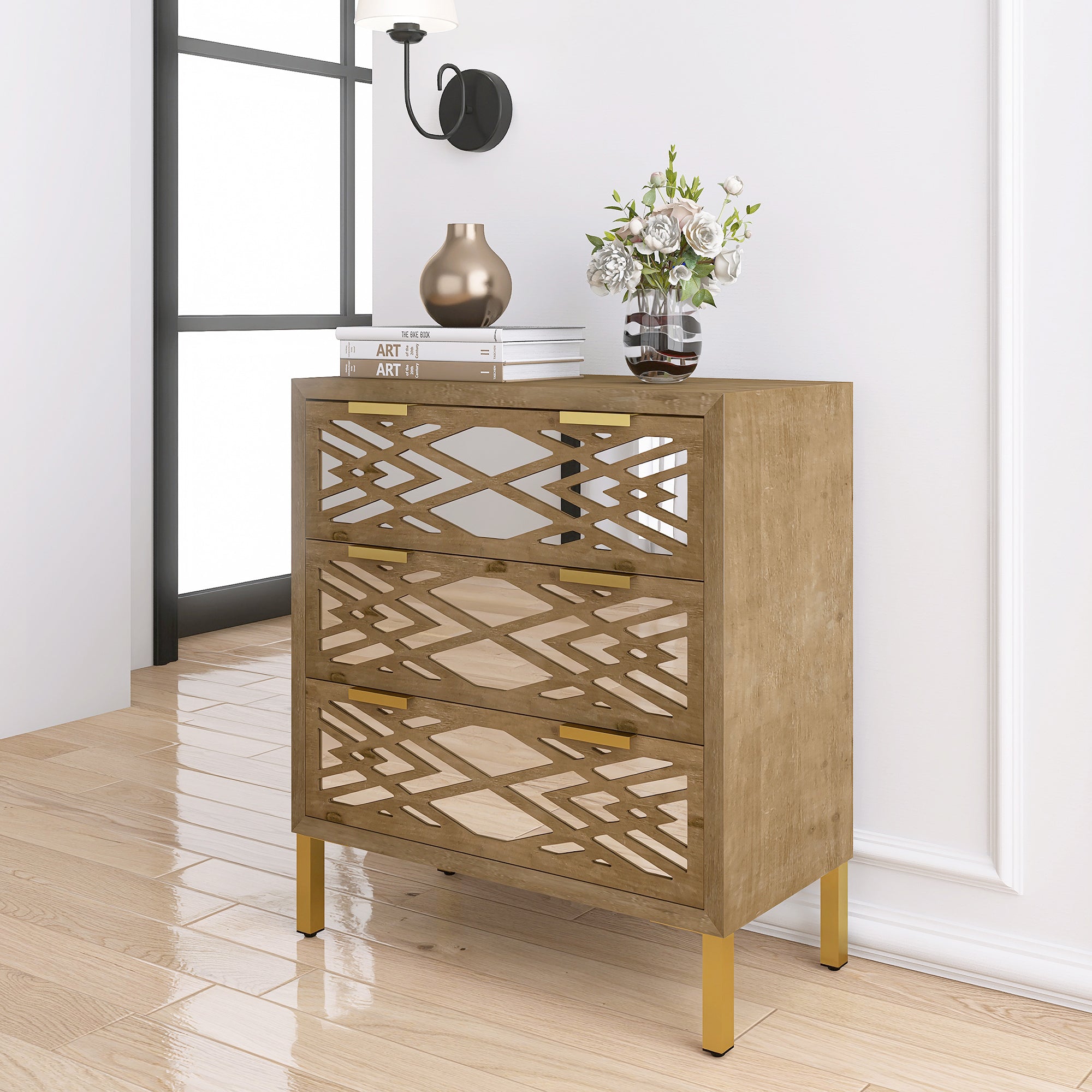 Wooden Storage Cabinet with 3 Drawers, Vintage Mirrored Cabinet - Natural