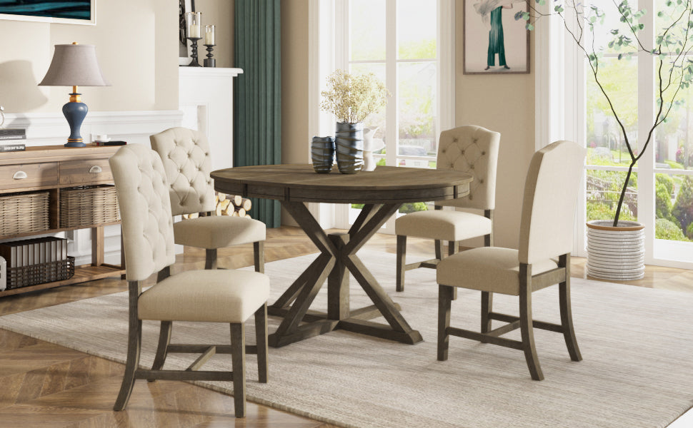 Retro Style Dining Table Set with Extendable Table and 4 Upholstered Chairs- Natural Wood Wash