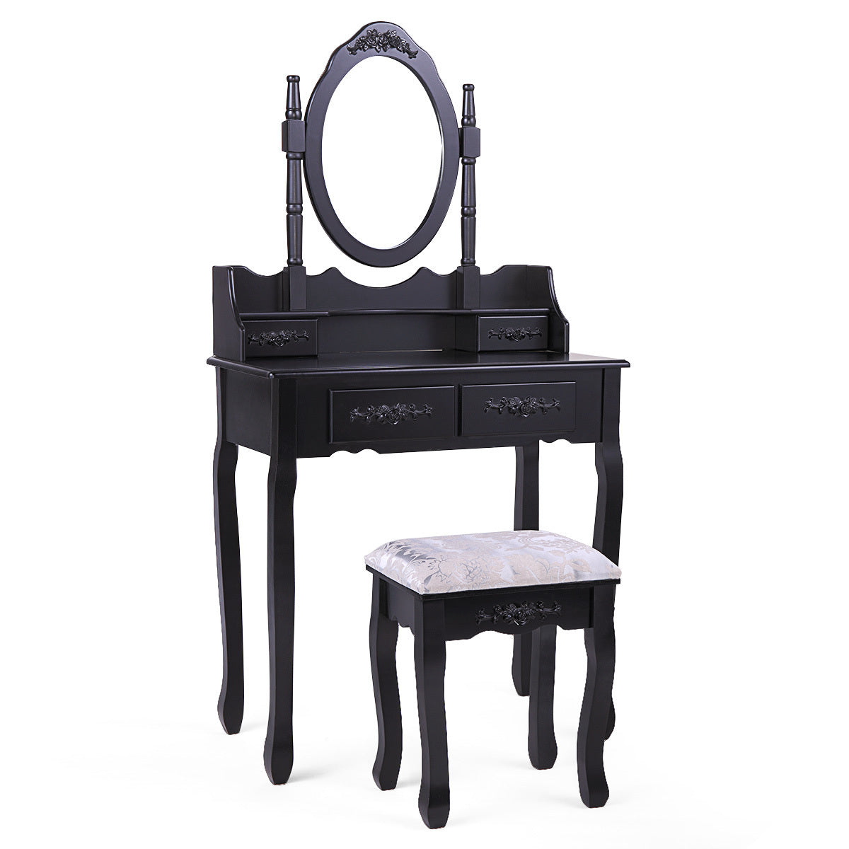 Makeup Vanity Table Dressing Table with 360-degree-rotating Mirror and 4 Drawers, Thick Padded Stool - Black