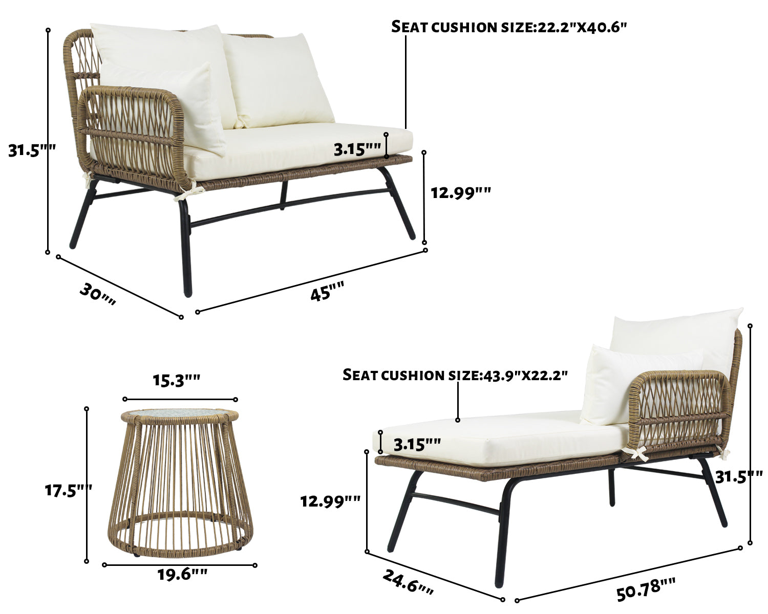 MAICOSY 3pc Outdoor Rattan Patio Garden Furniture Set Sectional L Shape Couch