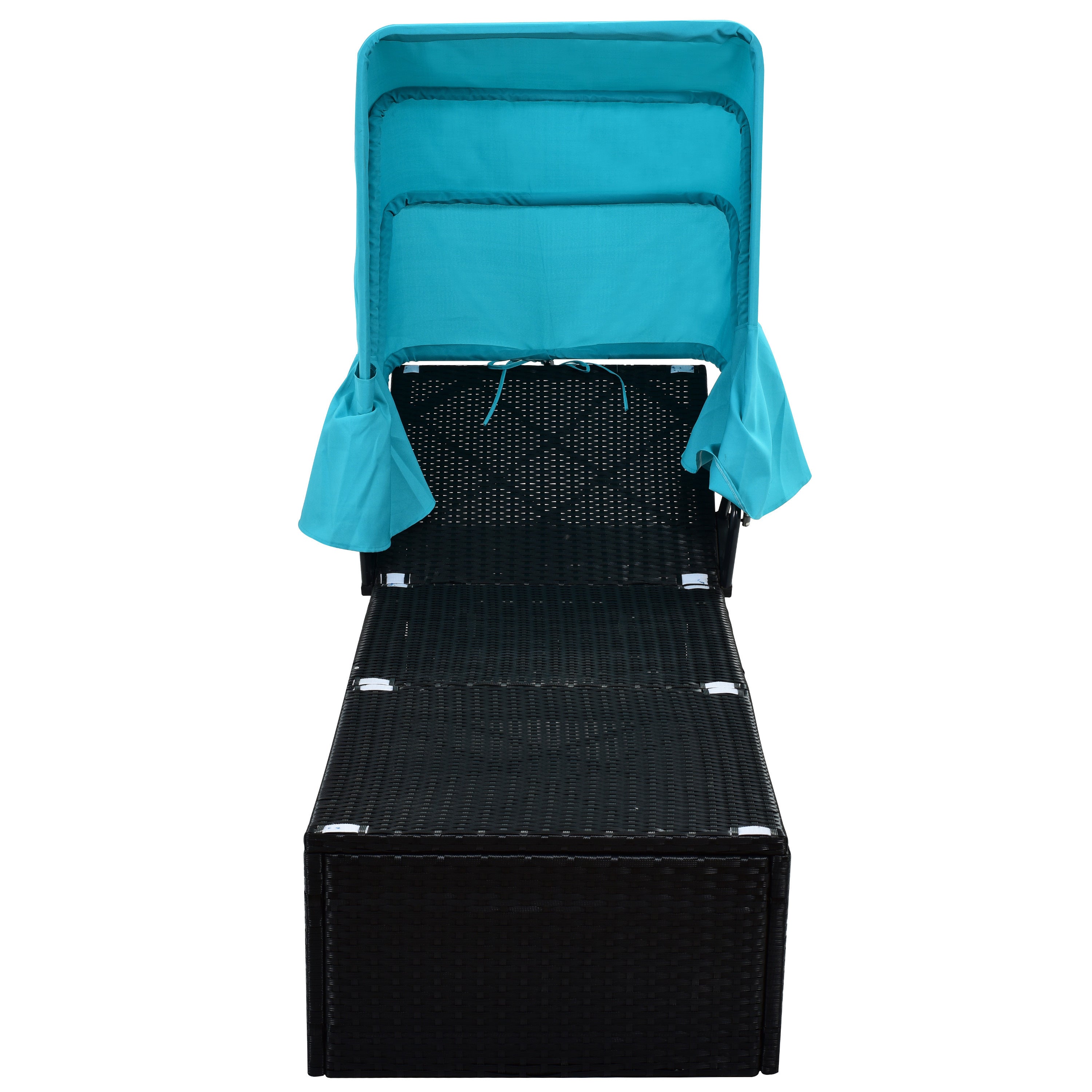 76.8" Long Reclining Single Chaise Lounge with Cushions, Canopy and Cup Table (Set of 2) - Black Wicker + Blue Cushion