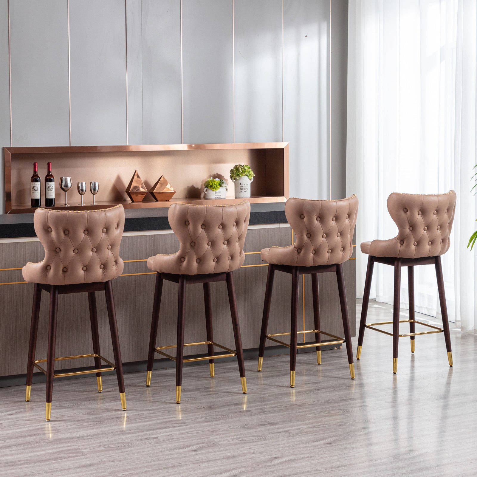 Modern Leathaire Fabric bar chairs, Tufted Gold Nailhead Trim Gold Decoration Bar stools (Set of 2) - Khaki