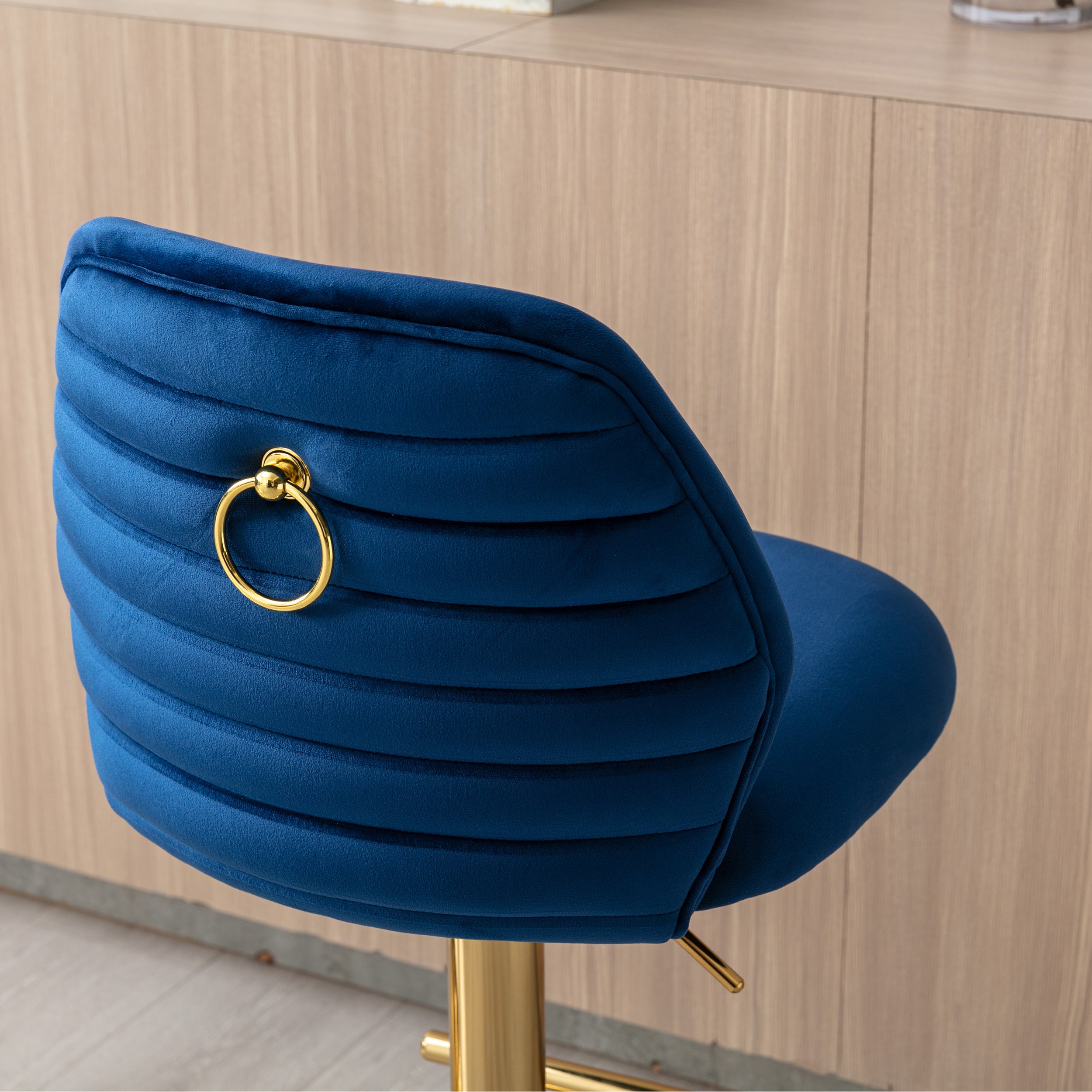 Modern Swivel Bar Stools Chair Adjustable (Set of 2) - Chrome Golden Base/ Navy Blue