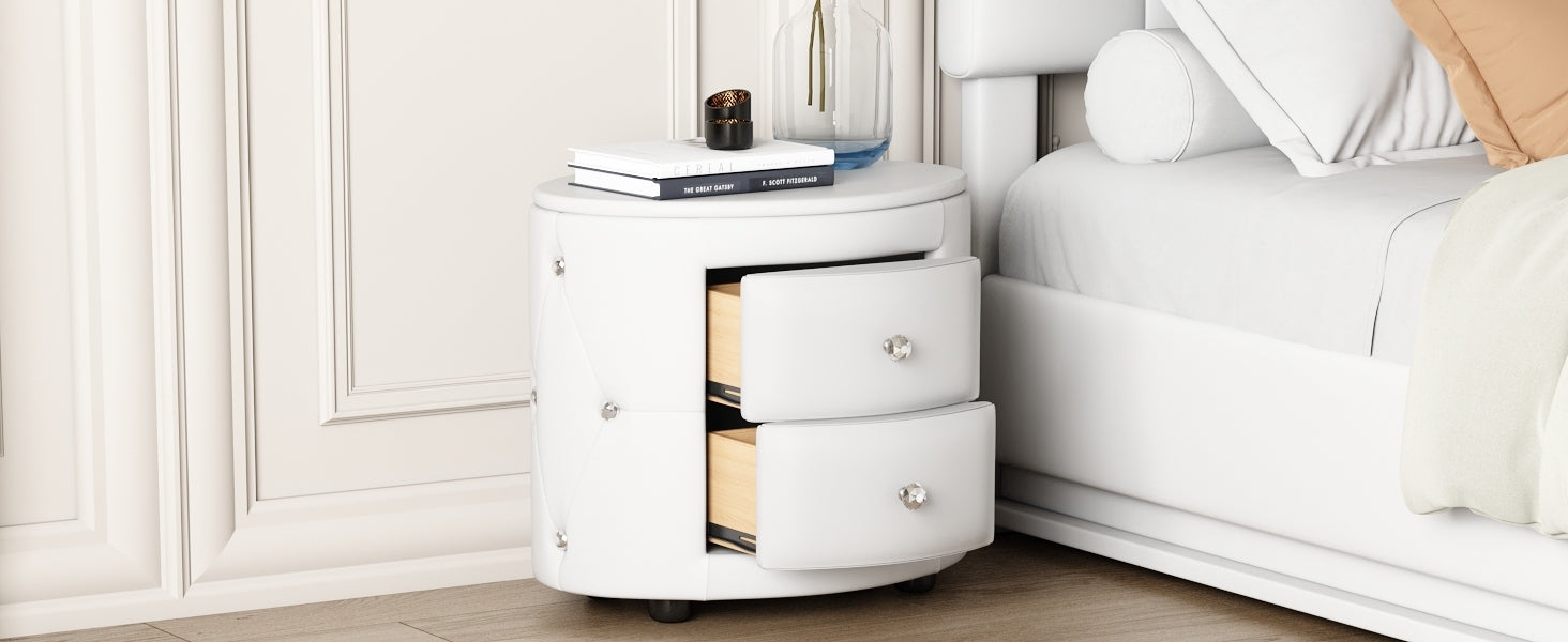 Elegant PU Nightstand with 2 Drawers and Crystal Handle, Fully Assembled Except Legs & Handles, Storage Bedside Table - White