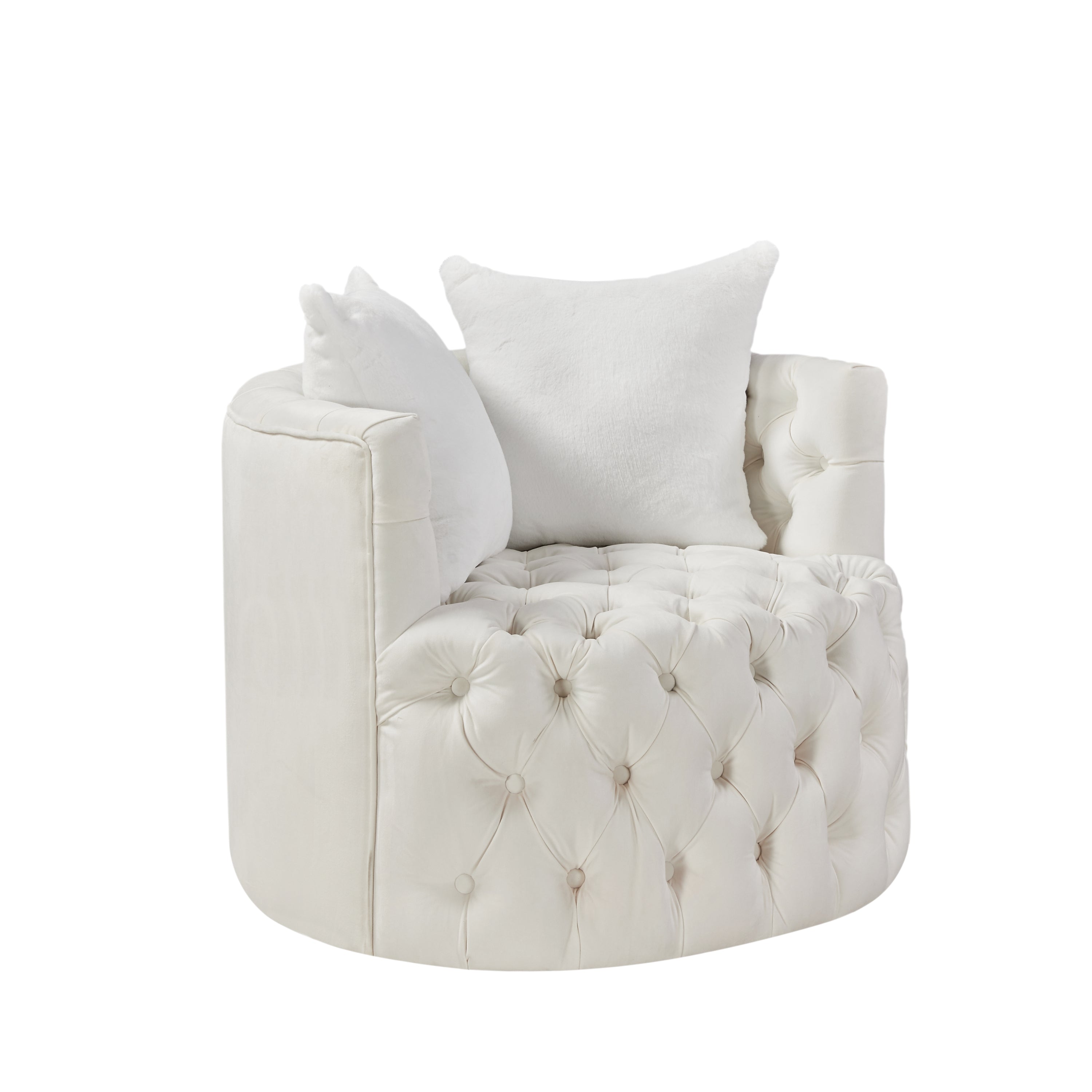 Swivel Barrel Chair with 360° Rotating Base and 2 Pillows - White Velvet