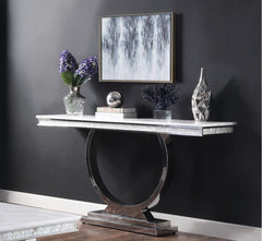 Zander Sofa Table, White Printed Faux Marble & Mirrored Silver Finish