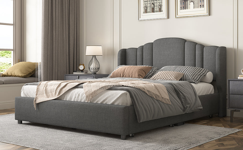 Queen Bed Upholstered Platform with Wingback Headboard and 4 Drawers - Grey