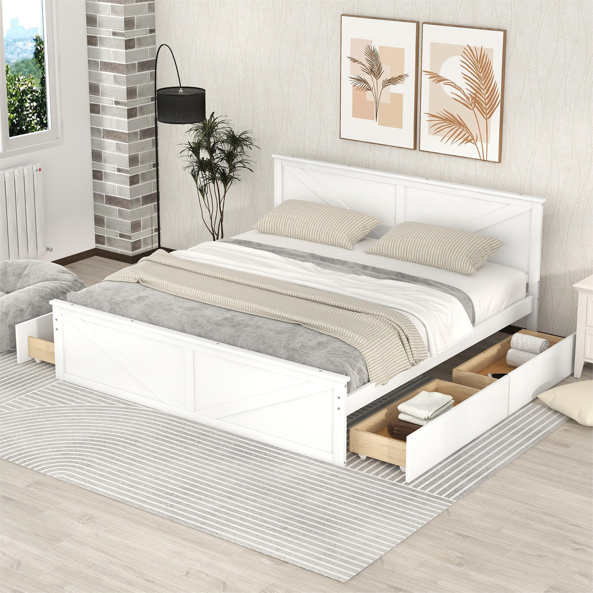 King Size Wooden Platform Bed with Four Storage Drawers and Support Legs - White