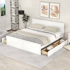 King Size Wooden Platform Bed with Four Storage Drawers and Support Legs - White