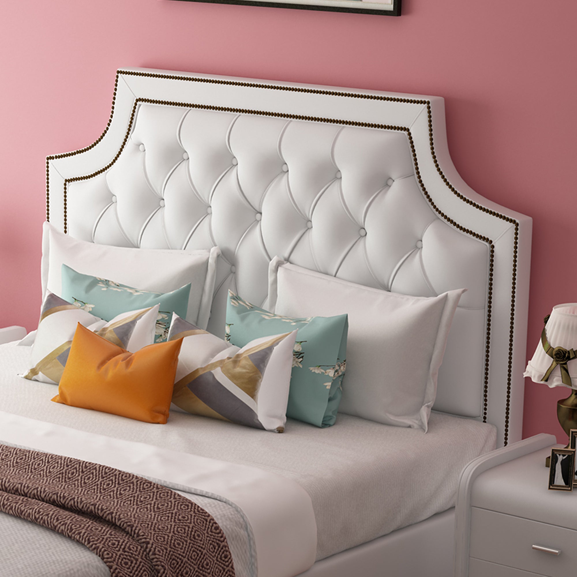 Twin Bed Frame with Button Tufted Headboard, Faux Leather Upholstered Mattress Wooden Slat Support