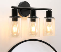 3-Light Vanity Light with Clear Glass Lampshade - Black Metal