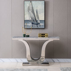 Modern Rectangular Marble Console Table Stainless Steel Base with Silver Mirrored Finish