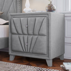 Contemporary Velvet Upholstered Glass Top Nightstand End table with 2 Drawers - Gray