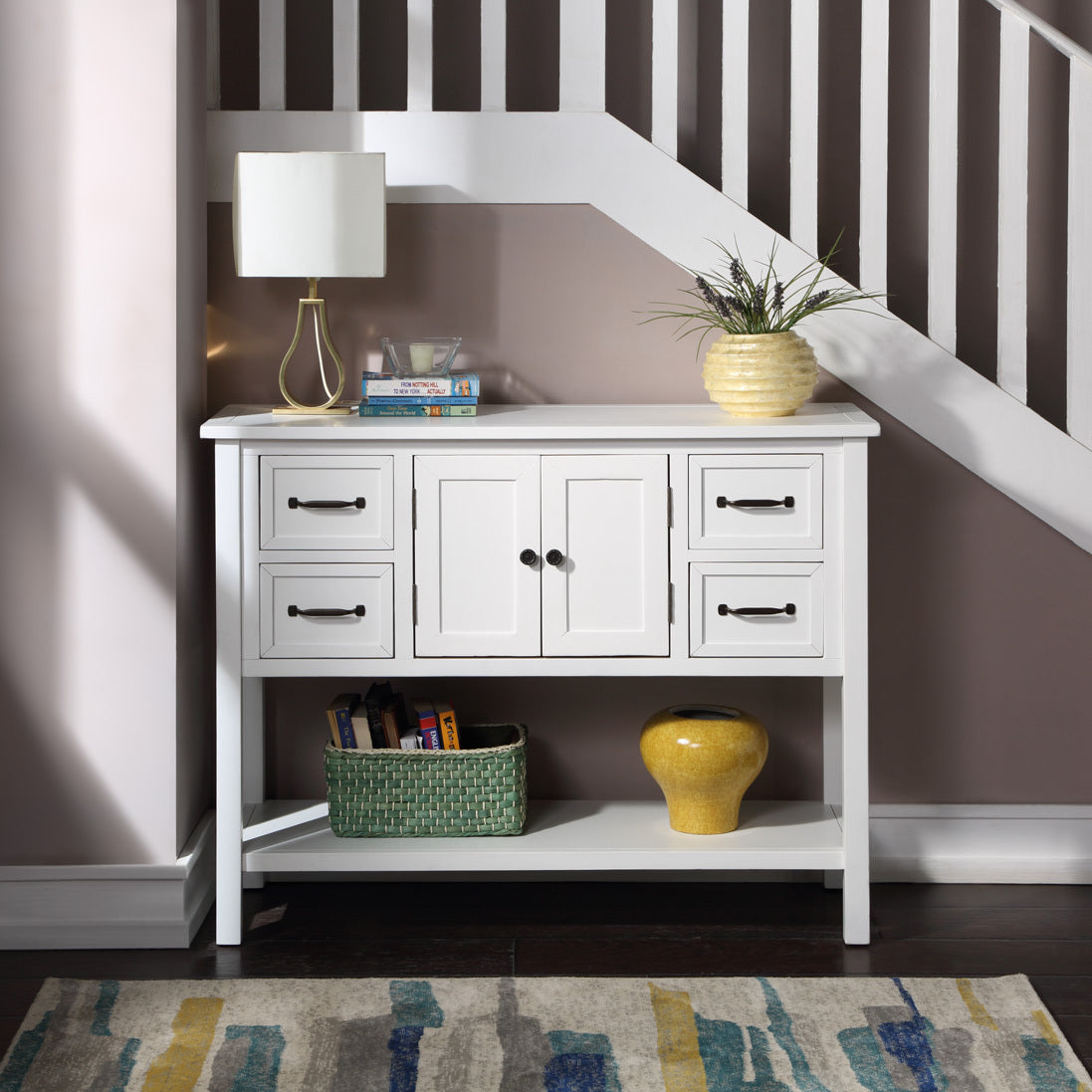 Modern Console Table with 4 Drawers, 1 Cabinet and 1 Shelf