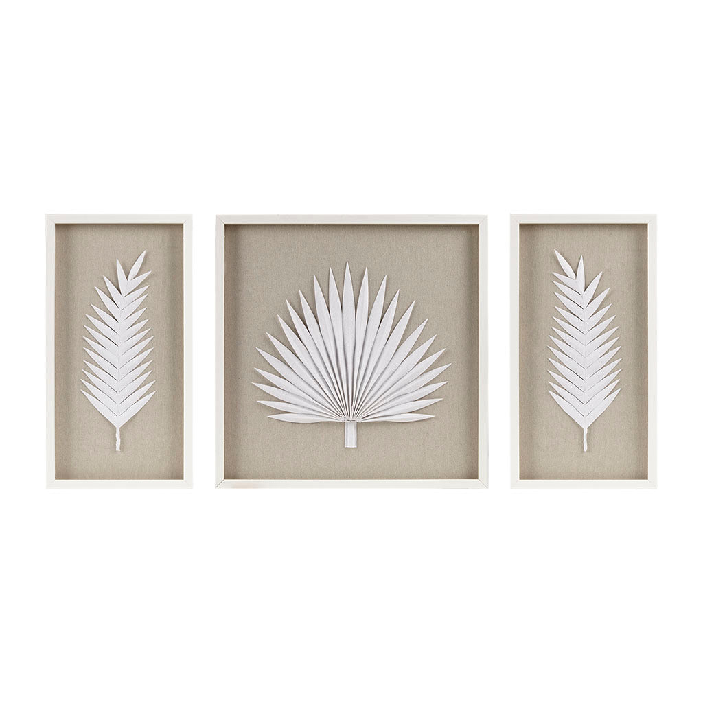Sabal Framed Rice Paper Palm Leaves 3-piece Shadowbox Wall Decor Set - Natural & White