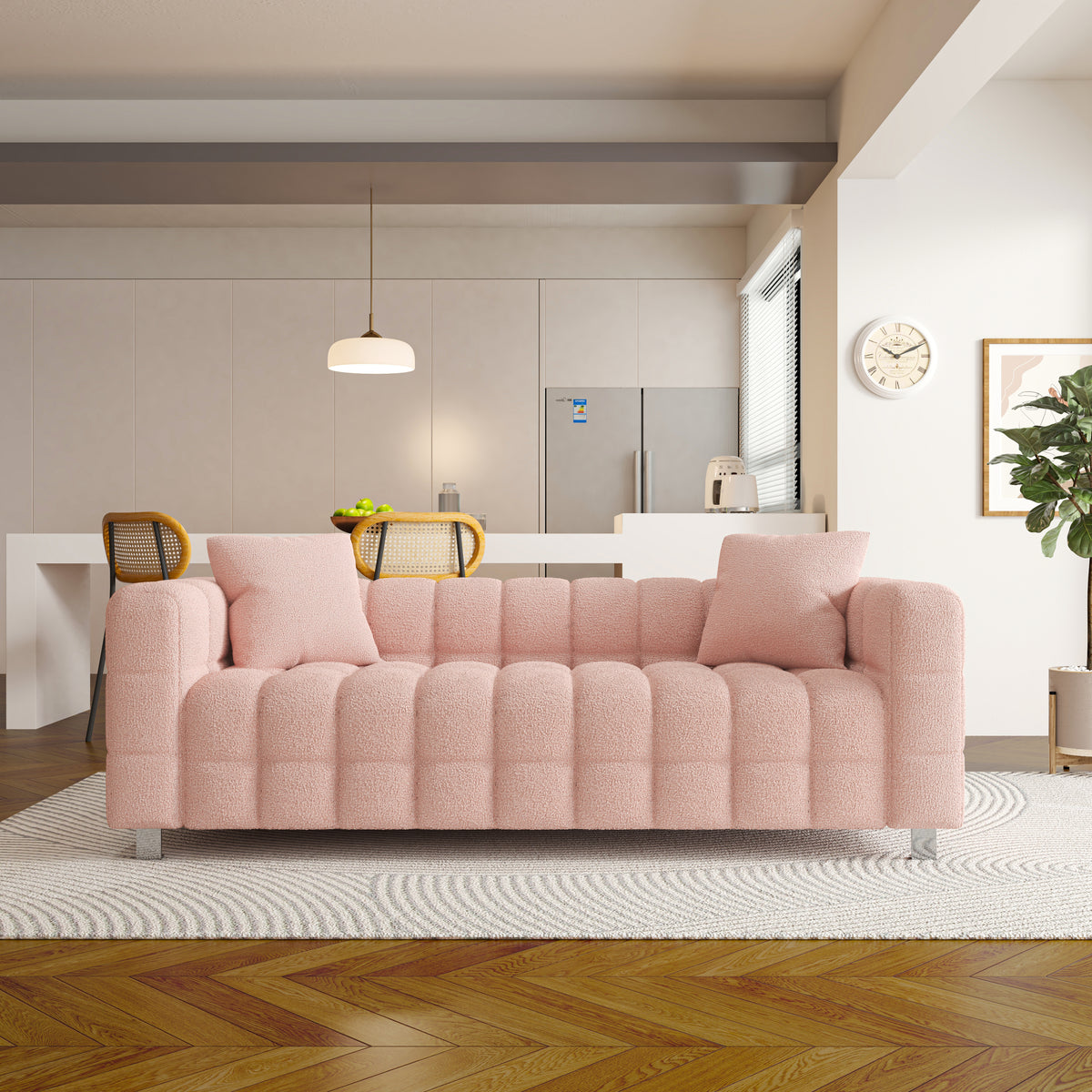 80" Pink Teddy Velvet Sofa with Two Pillows Suitable
