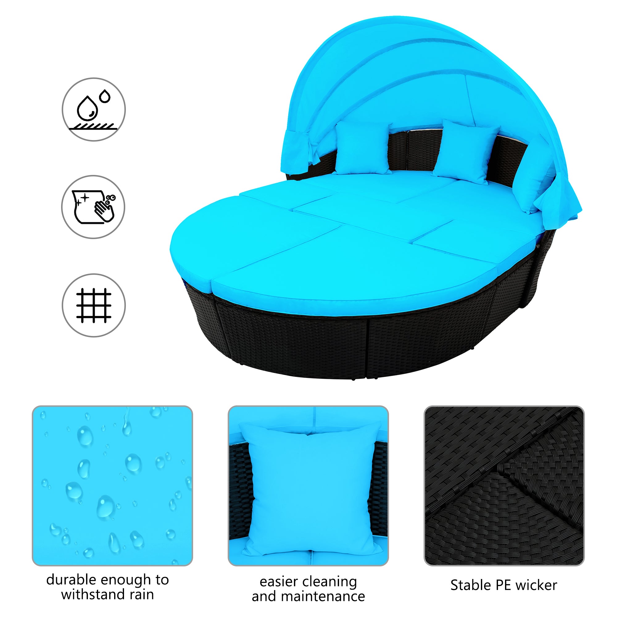 Outdoor rattan daybed sunbed with Retractable Canopy Wicker Furniture, Round Outdoor Sectional Sofa Set, Black Wicker Furniture Clamshell  Seating with Washable Cushions - Blue