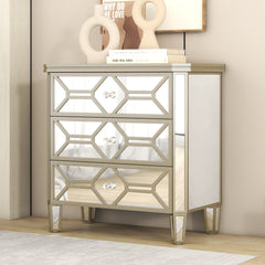 Elegant Mirrored 3-Drawer Chest with Golden Lines Storage Cabinet