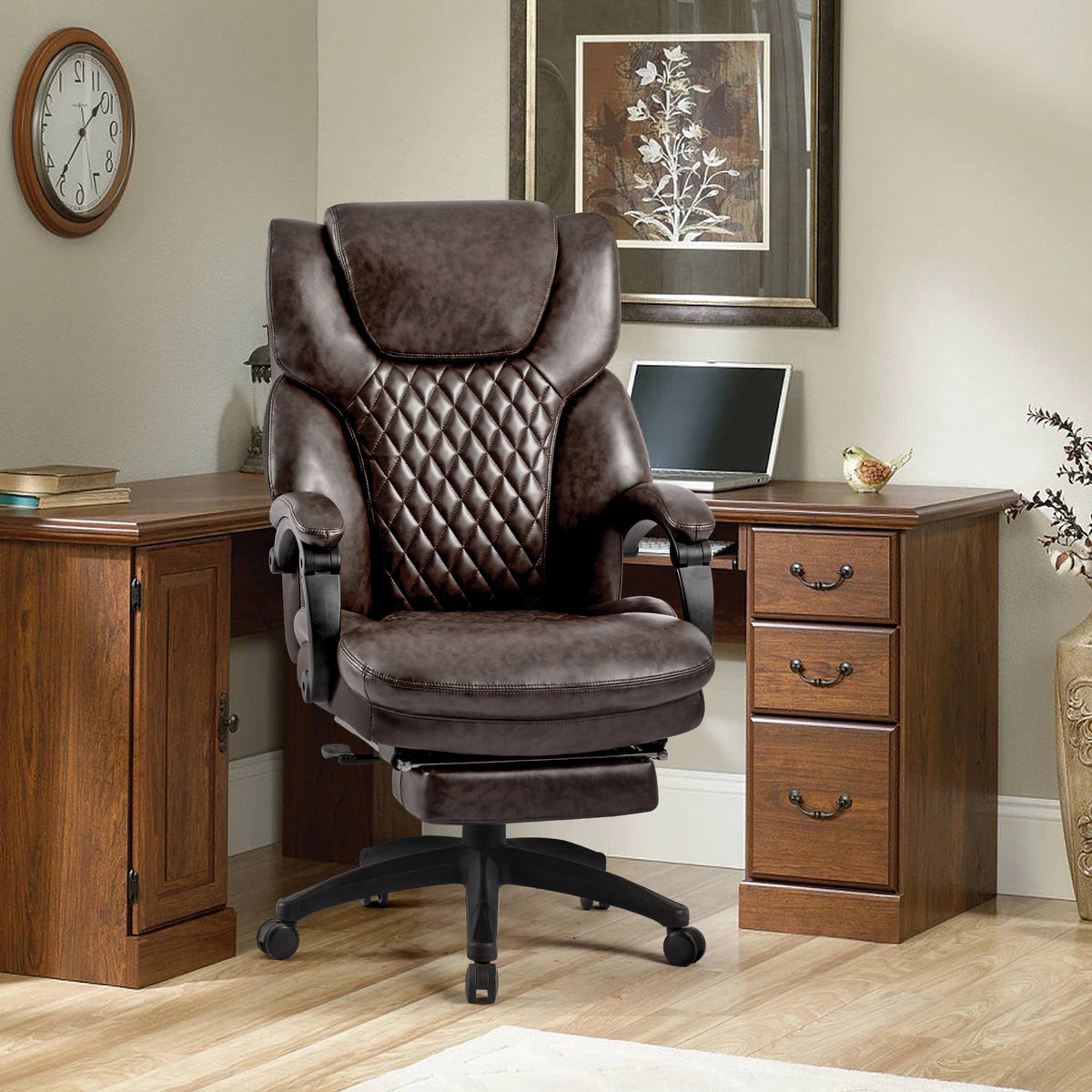 High Back Big & Tall 400lb Office Chair with Footrest Bonded Leather Ergonomic Executive Chair - Brown