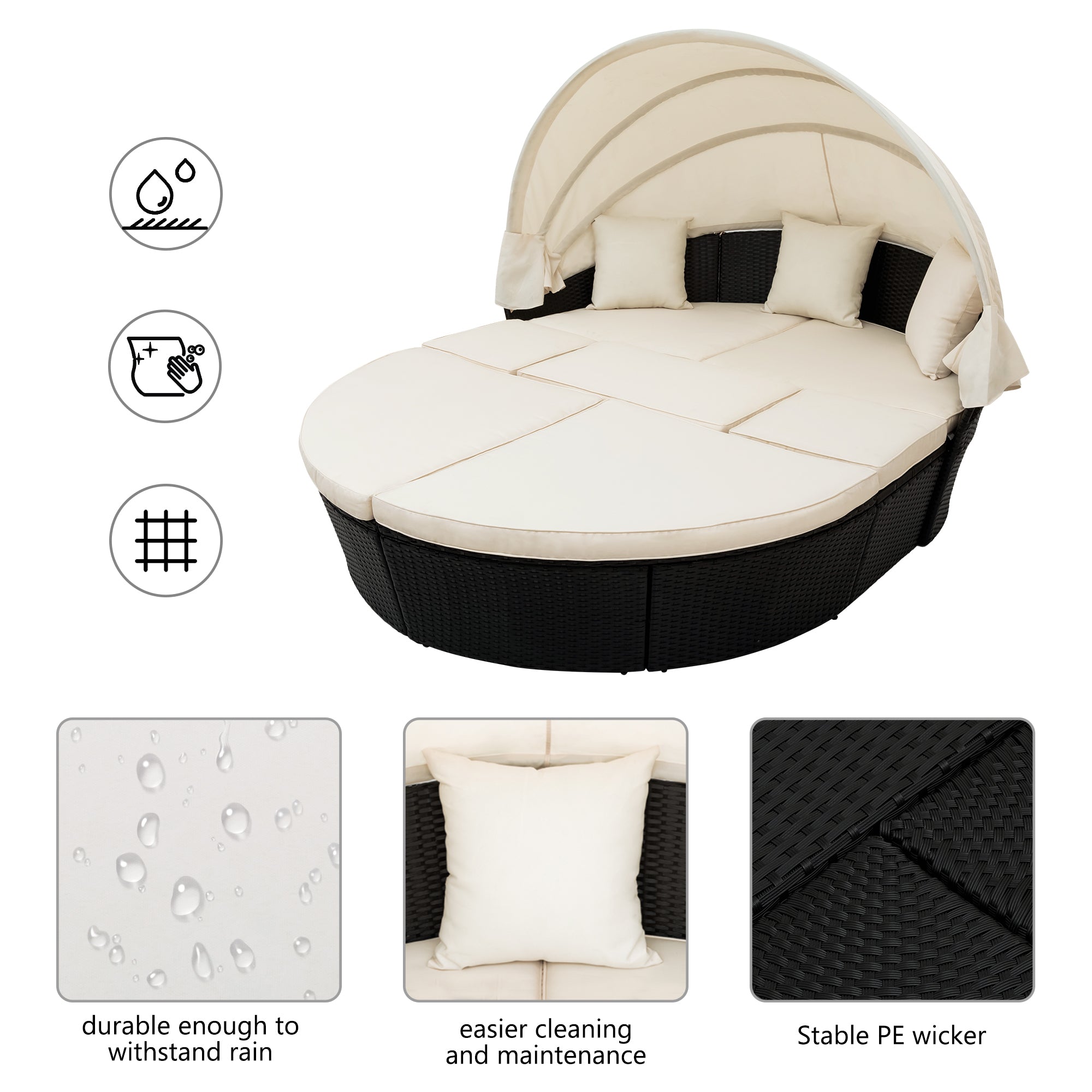 Outdoor Rattan Daybed Sunbed with Retractable Canopy Wicker - Beige