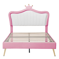 Full Size Princess Bed With Crown Headboard with LED Lights - White+Pink