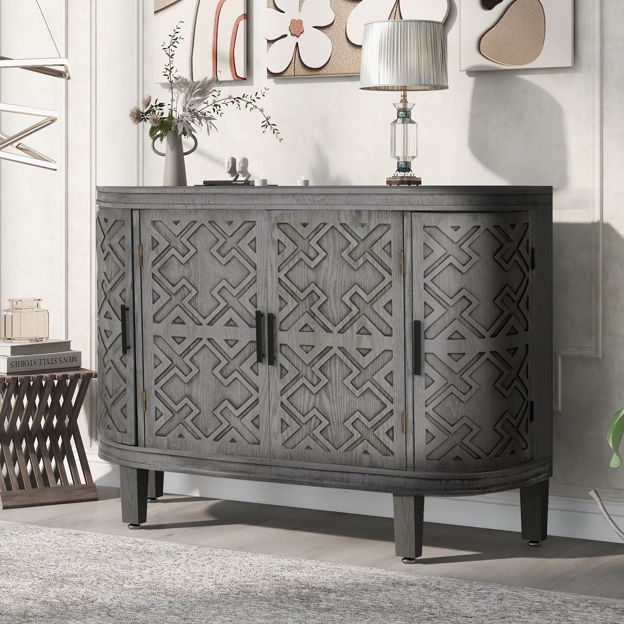 Accent Storage Cabinet Sideboard Wooden with Antique Pattern Doors - Grey