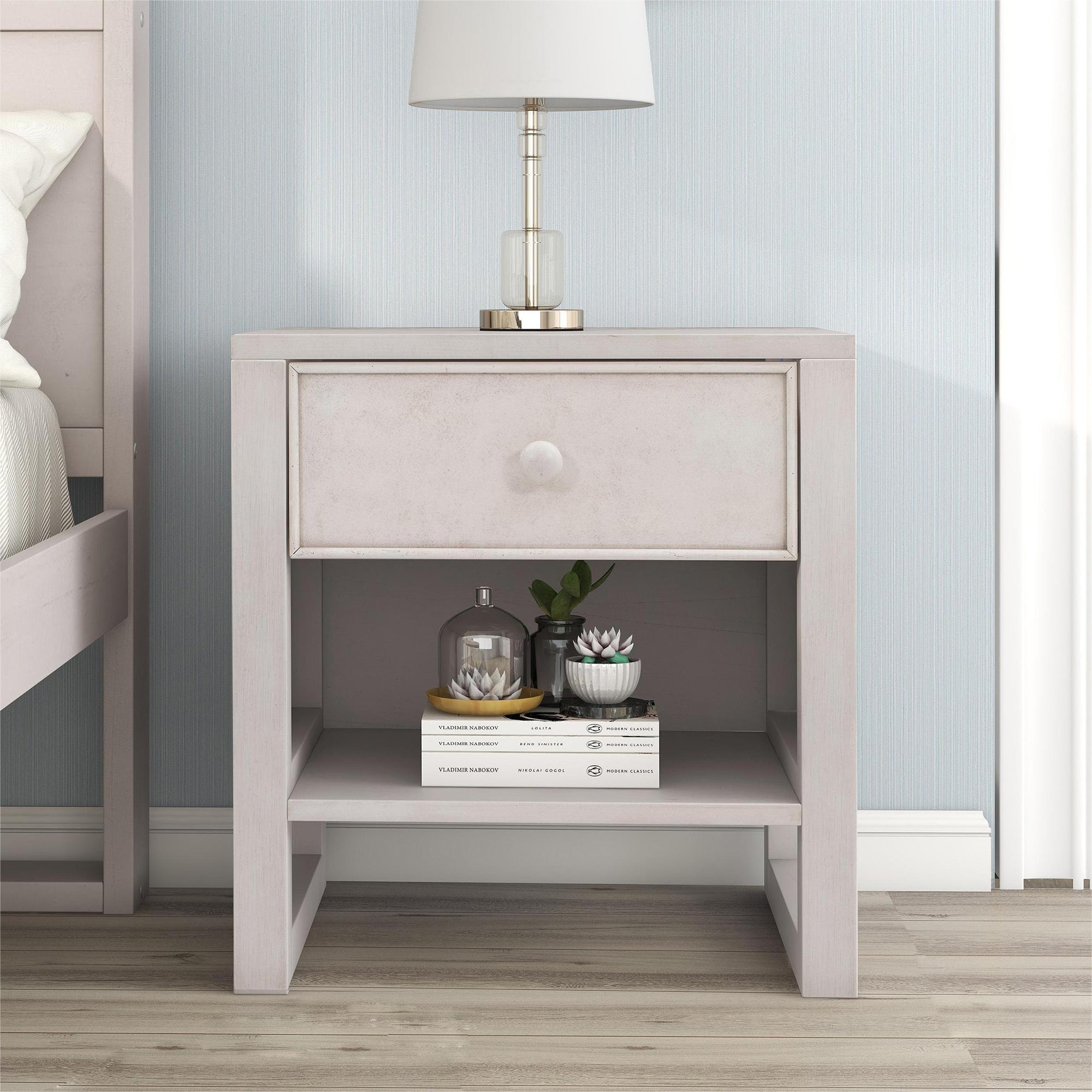 Wooden Nightstand with a Drawer and an Open Storage - Antique White