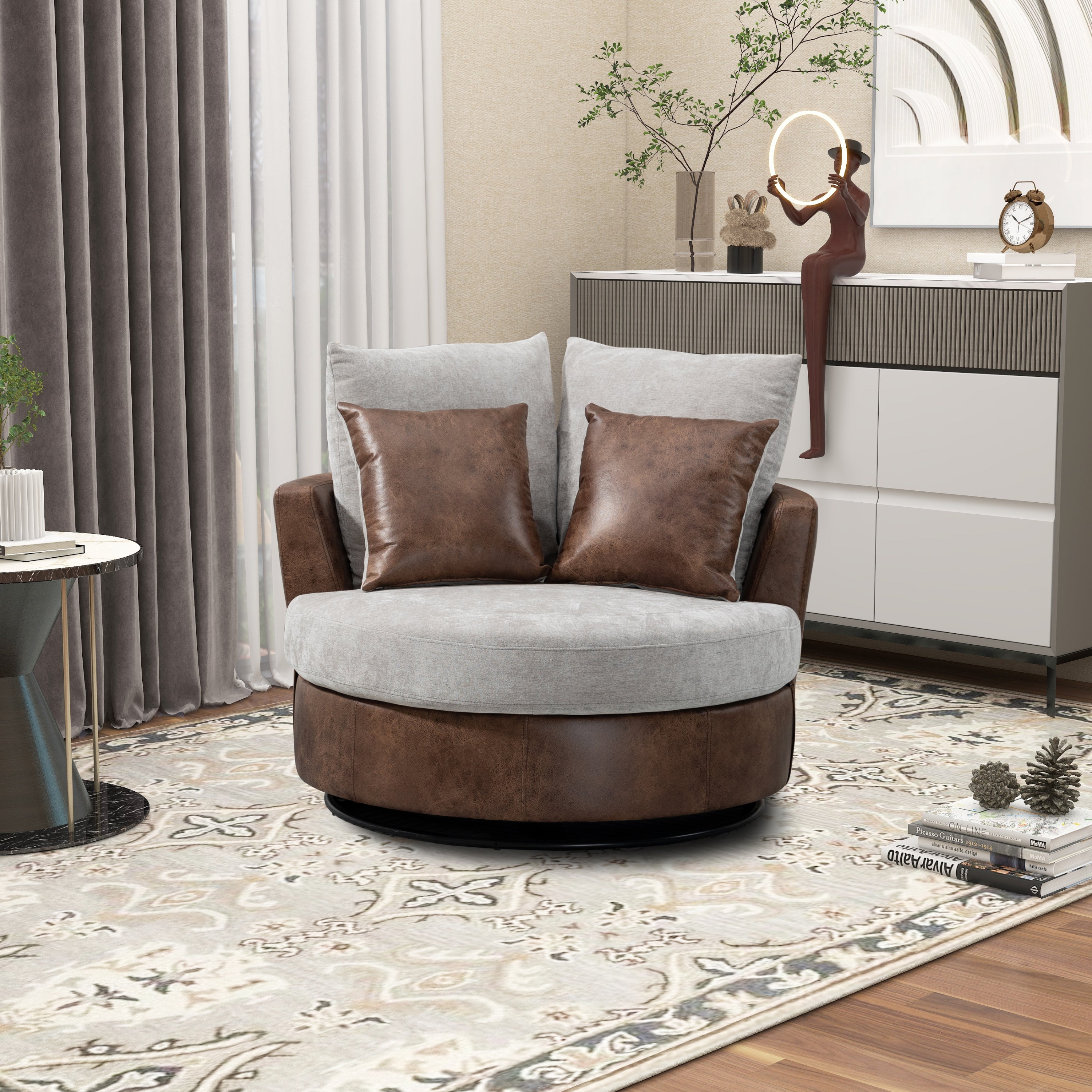 Accent Barrel Chair and Sofa With 4 Pillows 360 Degree Swivel Round Sofa- Light Gray