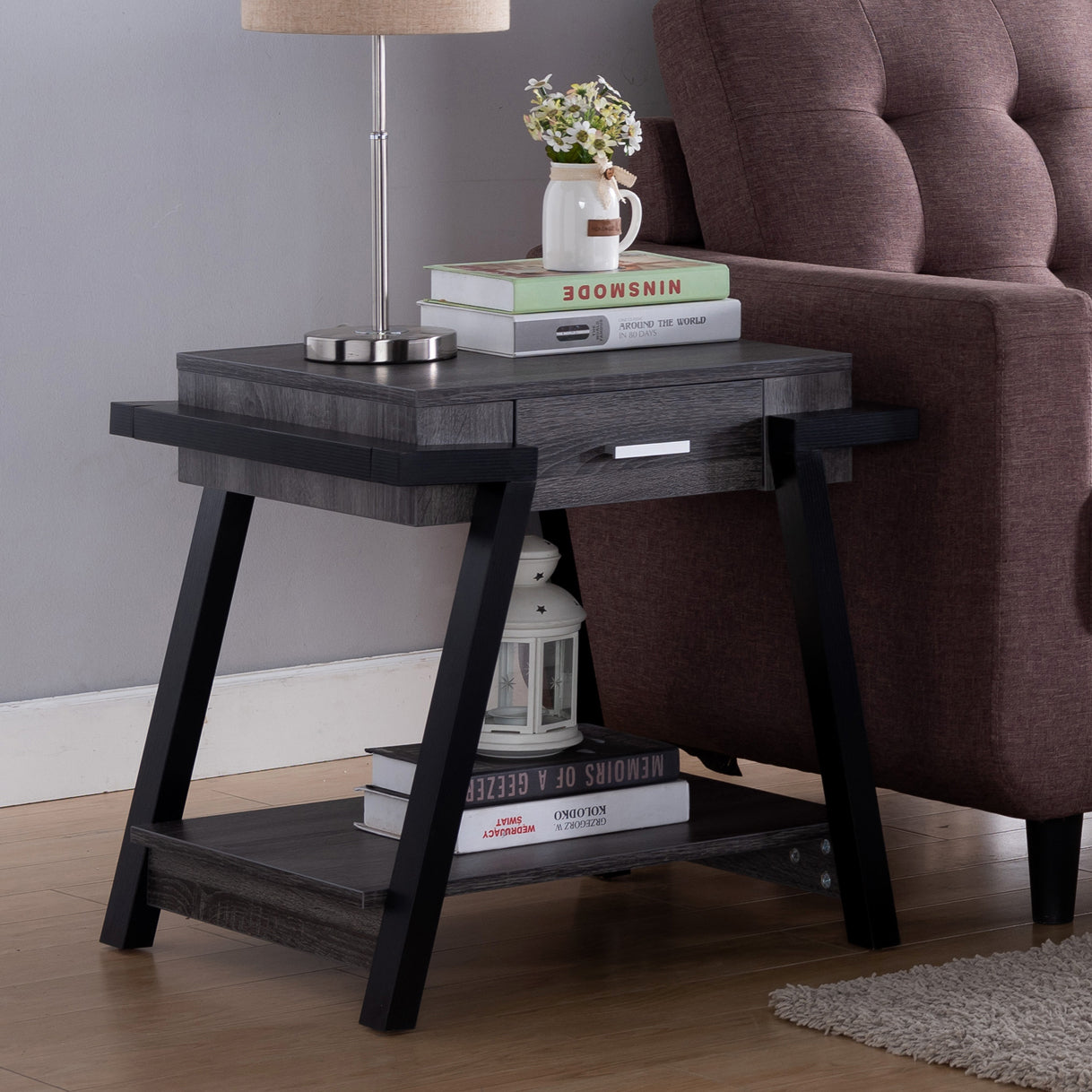 End Table Distressed Grey & Black