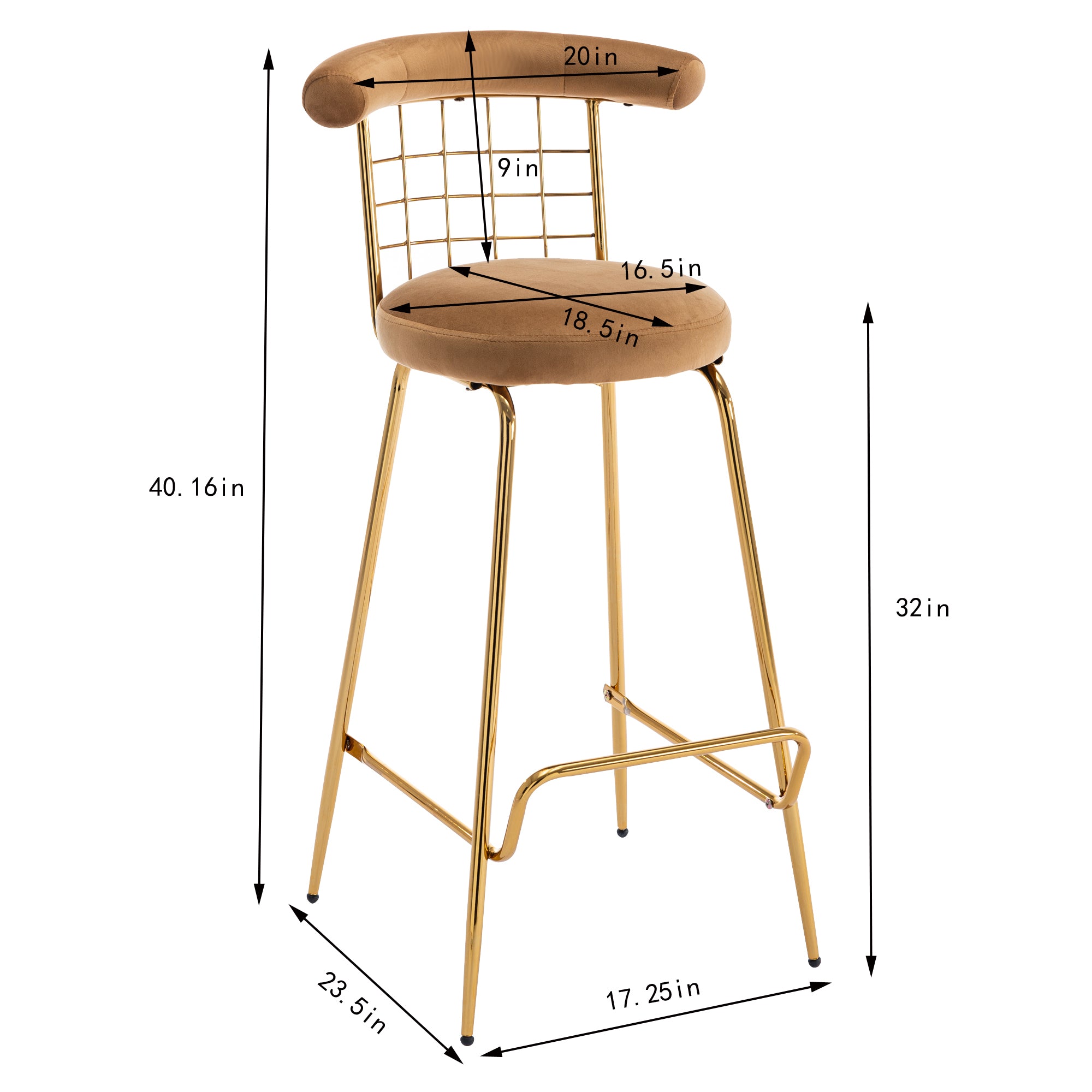 Luxury Velvet  High Bar Stool with Metal Legs and Soft Back - Camel