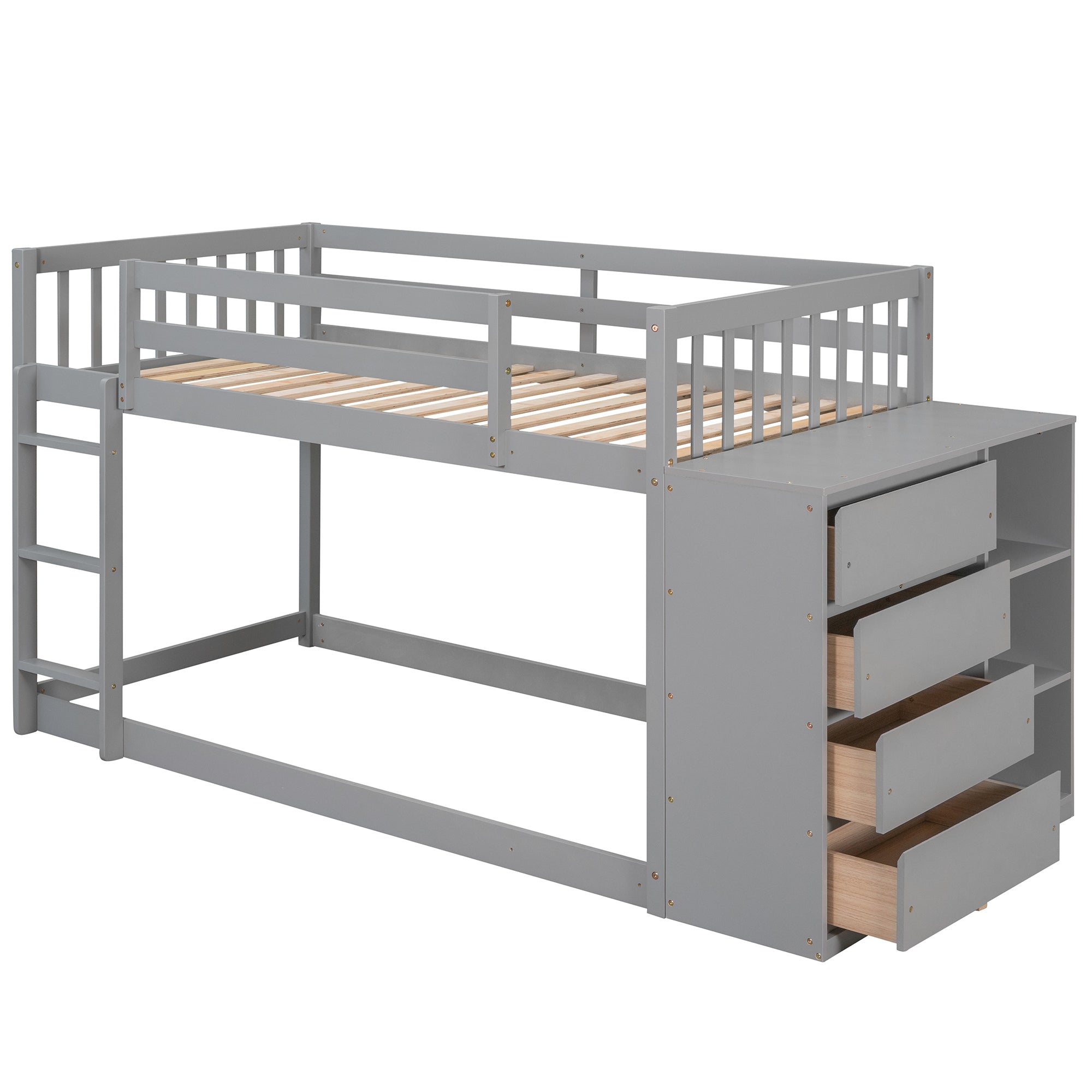 Twin over Twin Bunk Bed with 4 Drawers and 3 Shelves - Gray