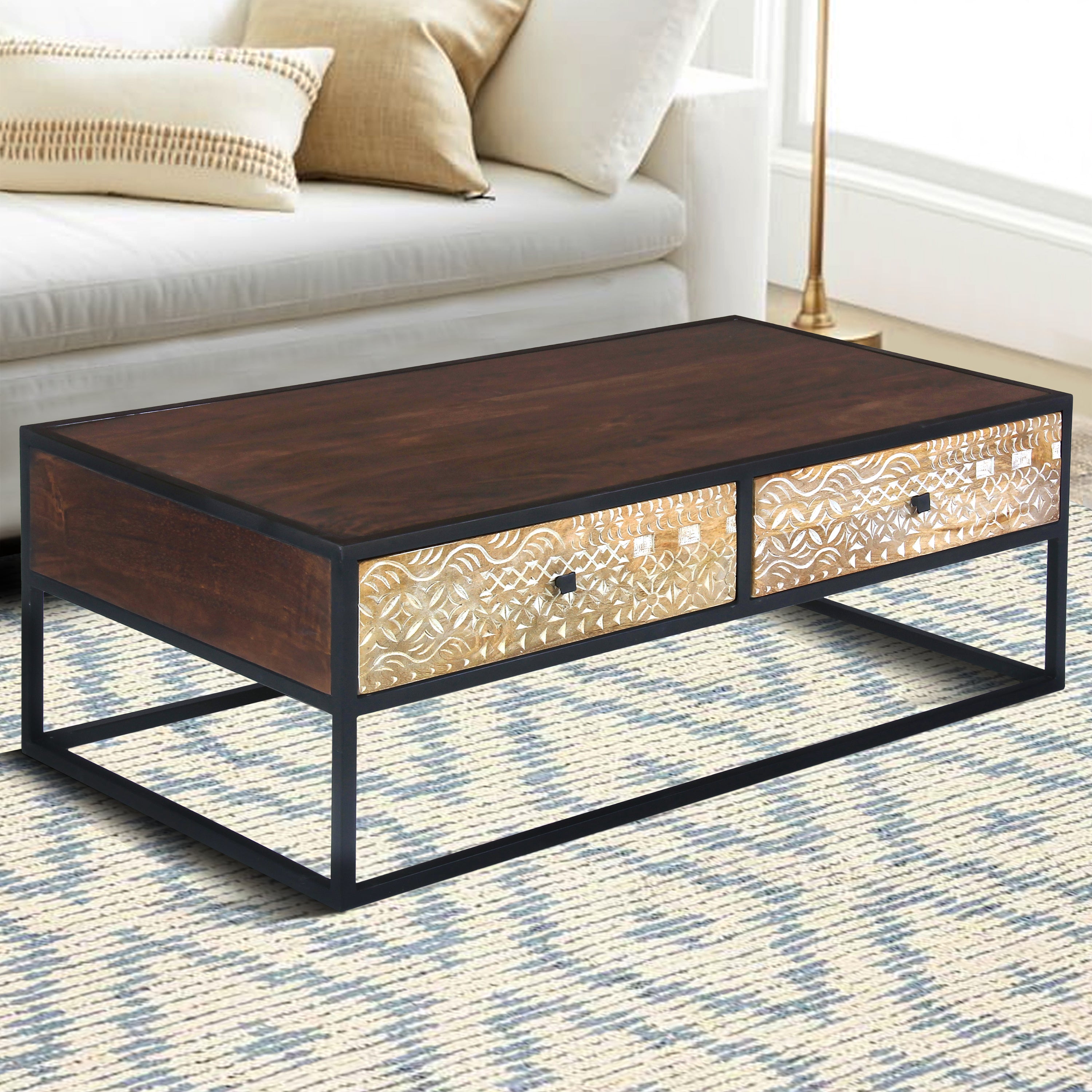 45 Inch Carson Rectangular Mango Wood Coffee Table with Metal Frame and 2 Drawers - Brown and Black