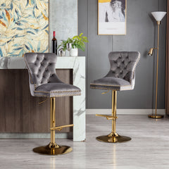 Modern Swivel Bar Stools Chair Adjustable (Set of 2) - Chrome Golden Base/ Grey