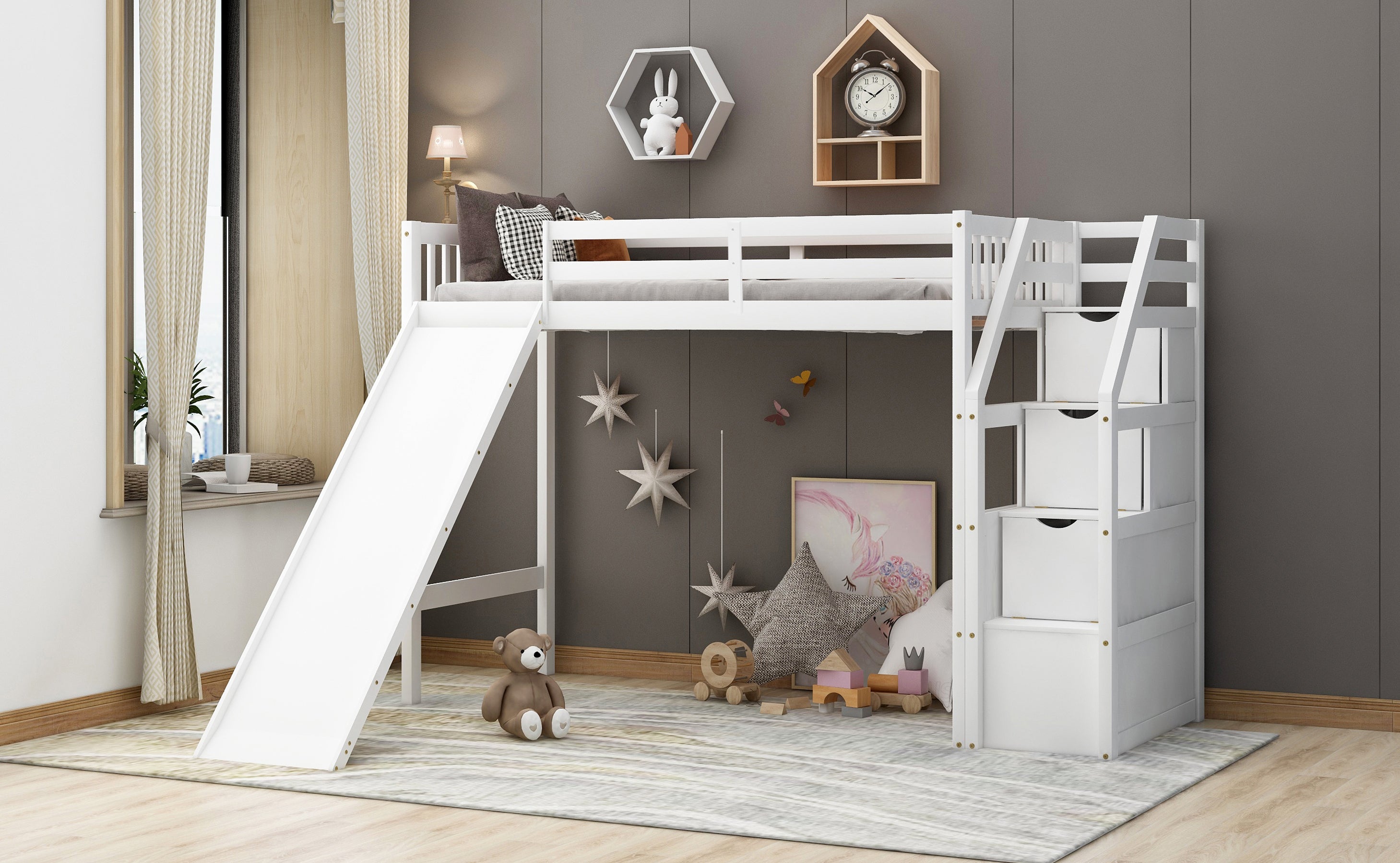 Twin Size Loft Bed with Storage and Slide, White