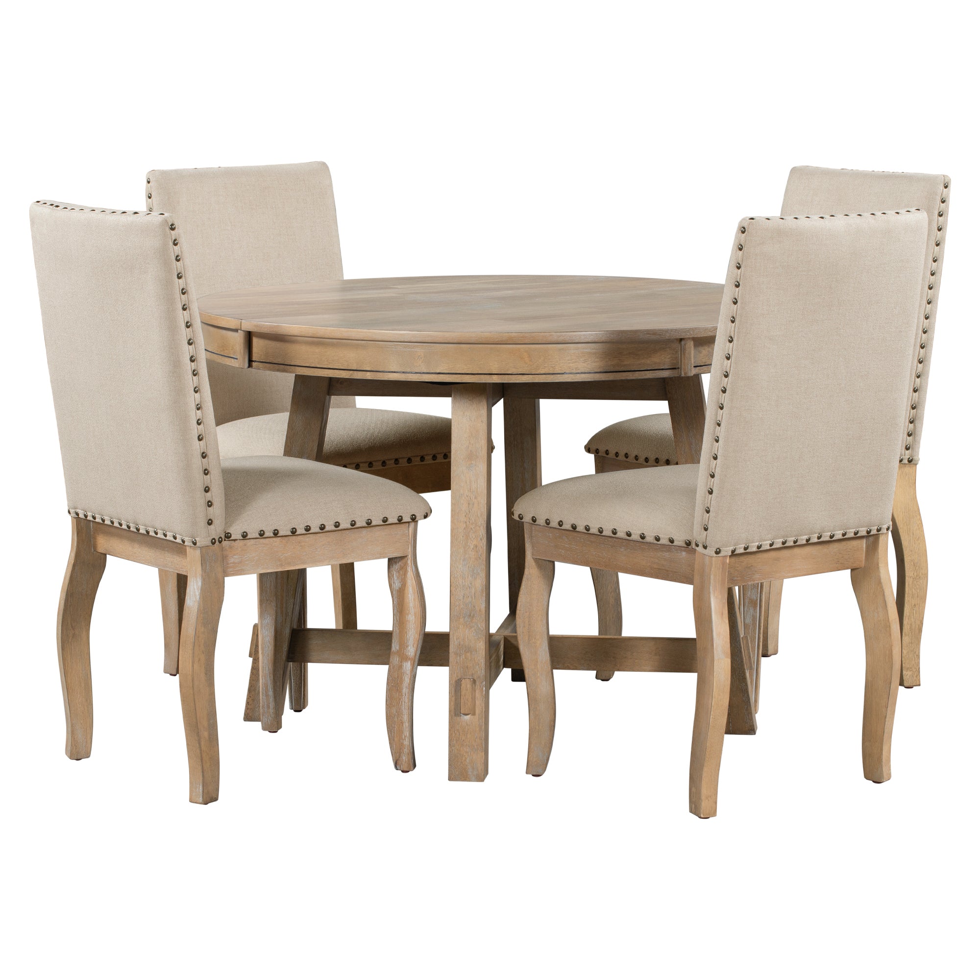 5-Piece Farmhouse Dining Table Set Wood Round Extendable Table and 4 Upholstered Chairs - Natural Wood Wash