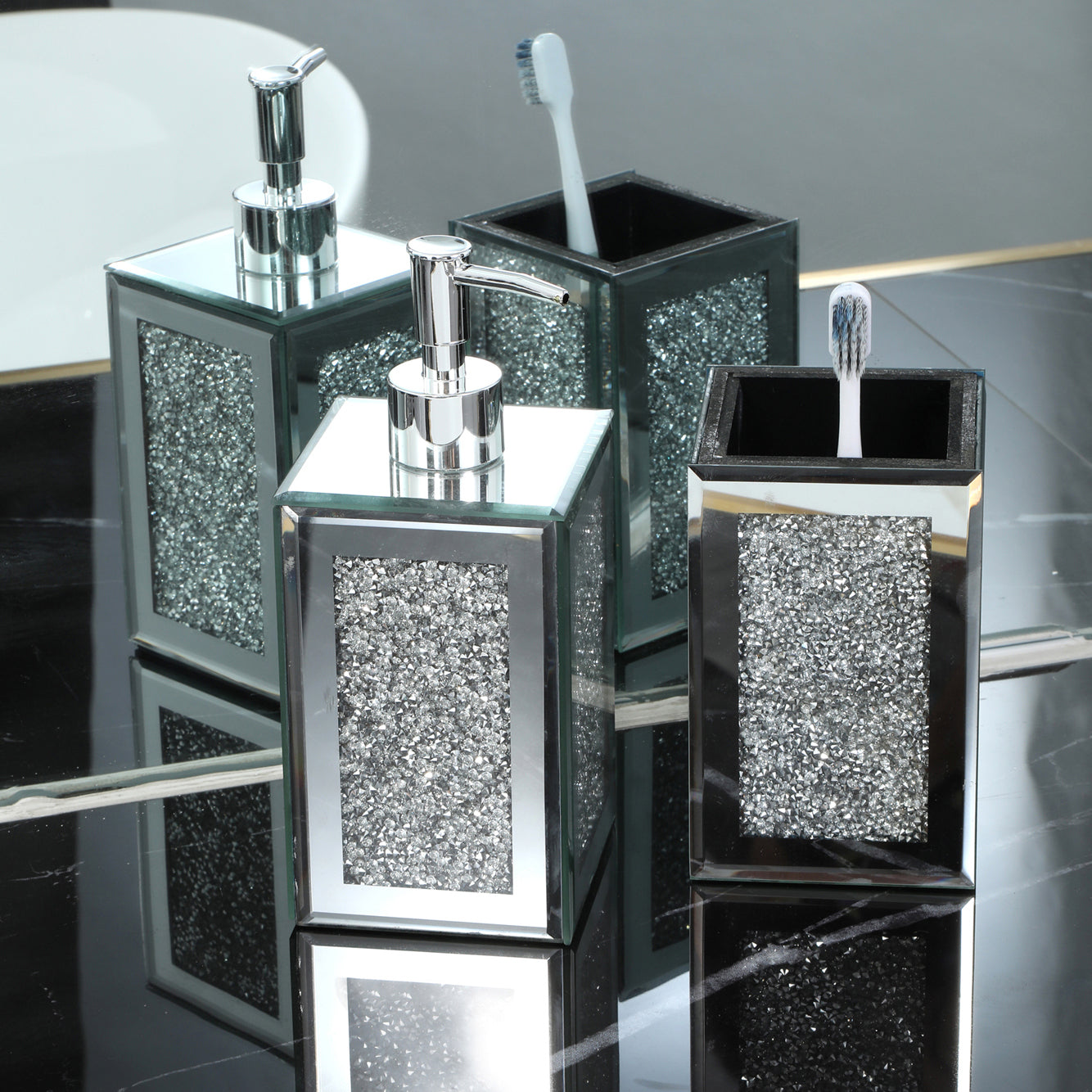 Ambrose Exquisite 2 Piece Square Soap Dispenser and Toothbrush Holder - Silver