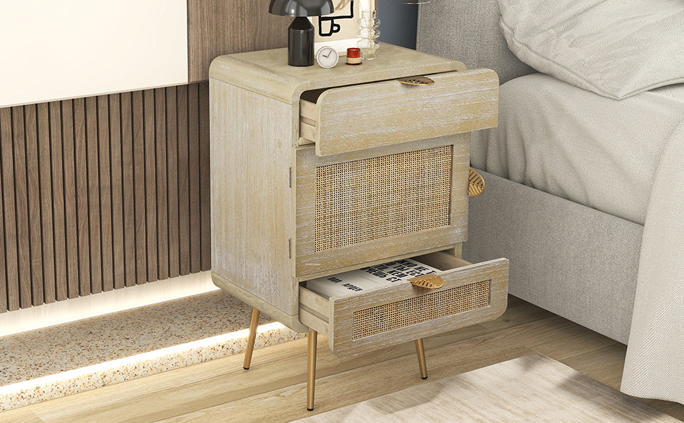 LAGO Natural Wooden Nightstand with Rattan Panel