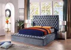 King Size Contemporary Velvet Upholstered Bed with Storage Locker, Deep Button Tufting, Solid Wood Frame, High-density Foam, Silver Metal Leg - Grey