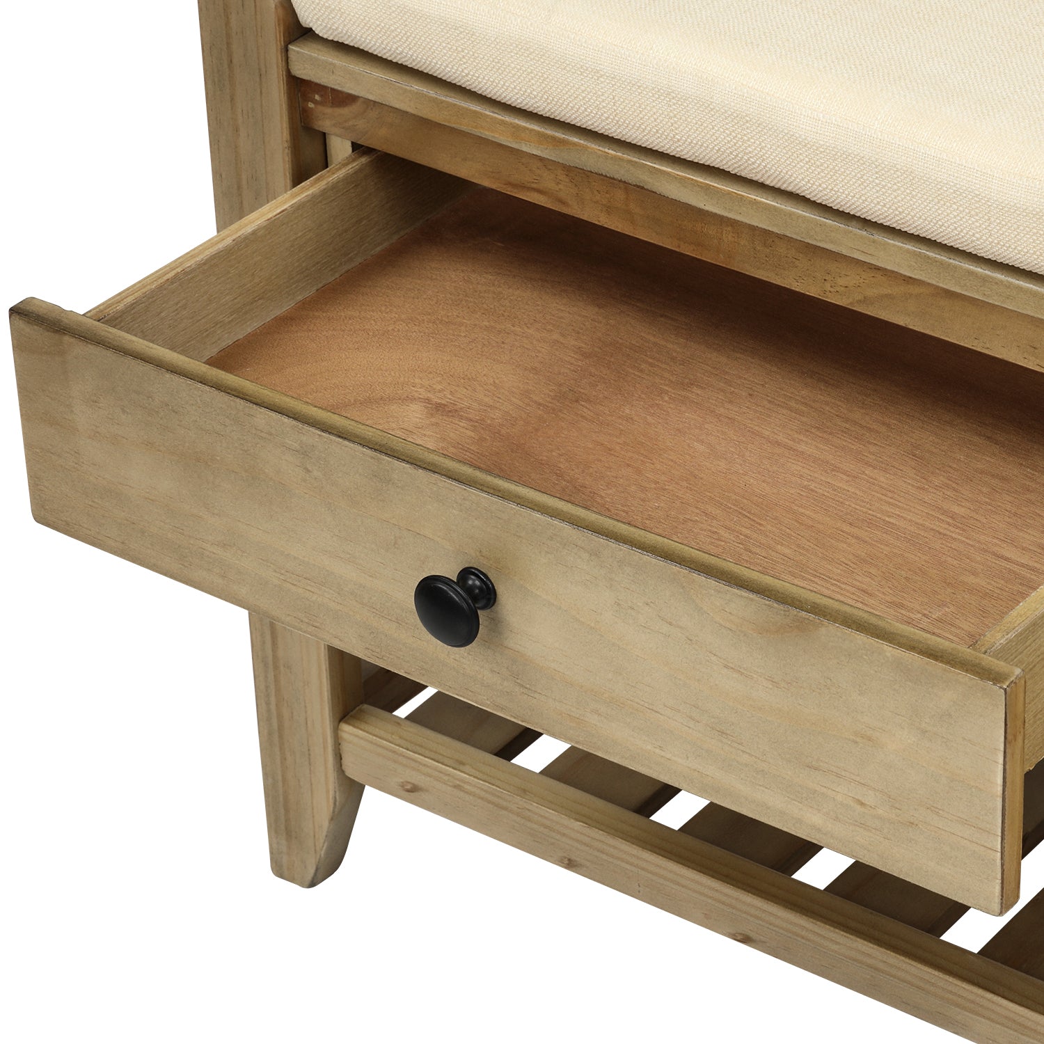 Shoe Rack with Cushioned Seat and Drawers, Multipurpose Entryway Storage Bench - Gray Wash