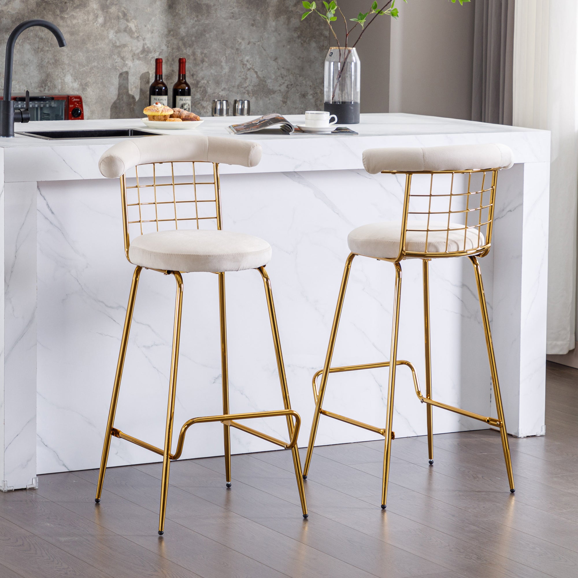 Luxury Velvet High Bar Stool with Metal Legs and Soft Back with Metal Legs (Set of 2) -Beige