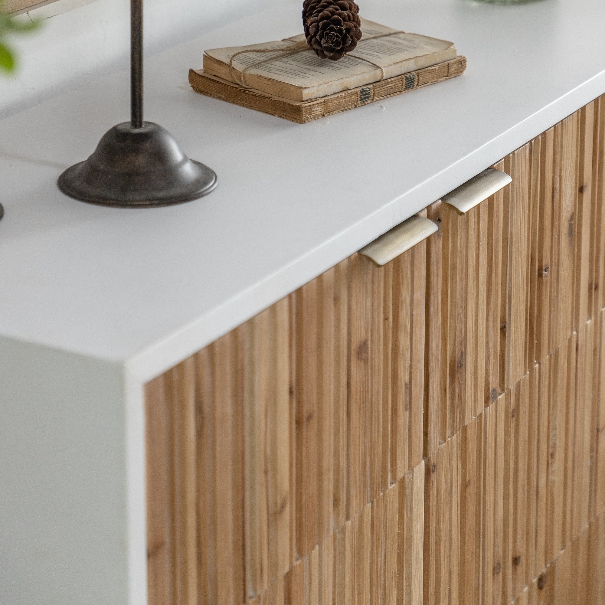 Retro Fashion Style 3-Door Storage Cabinet with Vertical Grain Embossed Design and Double Layer Storage Space - White + Oak